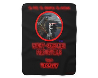 May include: Black and red blanket with a graphic of a skeleton holding a scythe in a red circle. The text "The Dark. The Macabre. The Surreal." is at the top. The text "Night-Screamer Productions Ready to Terrif" is at the bottom.