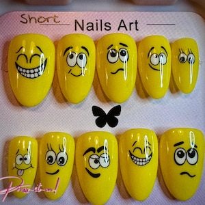 M size, Medium almond nails, bright yellow, smiley, cartoon, fun nailart, luxuary nails, presson, funny, happy nails, festival