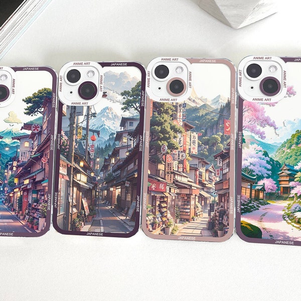 Coque de portable art japonais, rues animées, esthétique ville et montagnes, coque de portable anime coréen, iPhone et Samsung S24 S23 S22 S21