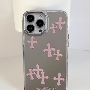 Cross Y2K Étui pour iPhone avec maquillage miroir, ROSE GRIS Chrome inspiré des coeurs gothiques Grunge Tarot, coque de protection gothique pour téléphone image 4
