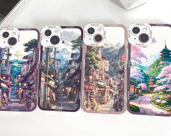 Funda de teléfono de arte japonés, carcasa de calles de animación, estética de ciudad y montañas, cubierta de teléfono de anime coreano, iPhone y Samsung S24 S23 S22 S21