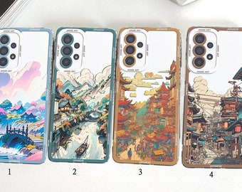 Funda de teléfono de arte japonés, cubierta de teléfono de calles de animación, funda de teléfono estética de ciudad y montañas de Lo-fi iPhone & Samsung S24 S23 S22 S21