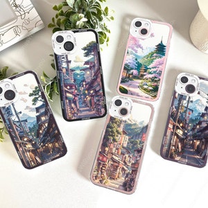 Japanese art Phone Case, Animation Streets Casing, City and Mountains Aesthetic, Korean Anime Phone Cover, iPhone & Samsung S24 S23 S22 S21