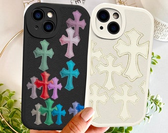 Étui pour iPhone en cuir avec croix, Chrome Hearts inspirer Gothic Y2K, Étui de téléphone grunge halloween, Housse de protection antichoc pour téléphone portable Goth