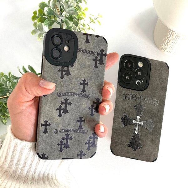 Chrome Hearts Gothic Y2K Cross Leather iPhone Case, Grunge halloween Phone Case, Goth Protective Shockproof Phone Cover, Cell Phone Case