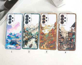 Coque de portable art japonais, coque de portable rues animées, coque de portable esthétique ville et montagnes Lo-fi pour iPhone et Samsung S24 S23 S22 S21