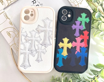 Chrome Hearts Gothic Y2K Cross Leder iPhone Hülle, Grunge Halloween Handyhülle, Goth Schützende stoßfeste Handyhülle