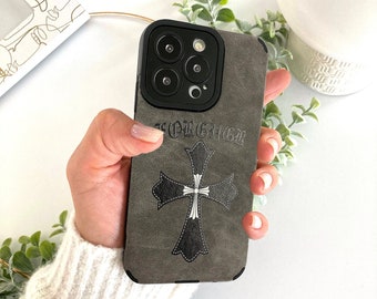 Chrome Hearts Gothic Y2K Cross Leder iPhone Hülle, Grunge Halloween Handyhülle, Goth Schützende stoßfeste Handyhülle, Handyhülle