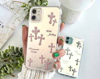 Cross Y2K Gothic Christian iPhone Hülle, PINK SILBER Chrom Herzen inspiriert Tarot Grunge Handyhülle, Romantische Goth Handyhülle