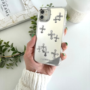 Cross Y2K Étui pour iPhone avec maquillage miroir, ROSE GRIS Chrome inspiré des coeurs gothiques Grunge Tarot, coque de protection gothique pour téléphone image 3