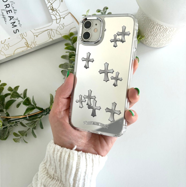 Cross Y2K Étui pour iPhone avec maquillage miroir, ROSE GRIS Chrome inspiré des coeurs gothiques Grunge Tarot, coque de protection gothique pour téléphone image 3