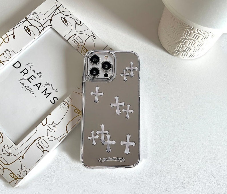 Cross Y2K Étui pour iPhone avec maquillage miroir, ROSE GRIS Chrome inspiré des coeurs gothiques Grunge Tarot, coque de protection gothique pour téléphone image 9