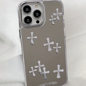 Cross Y2K Étui pour iPhone avec maquillage miroir, ROSE GRIS Chrome inspiré des coeurs gothiques Grunge Tarot, coque de protection gothique pour téléphone Gris