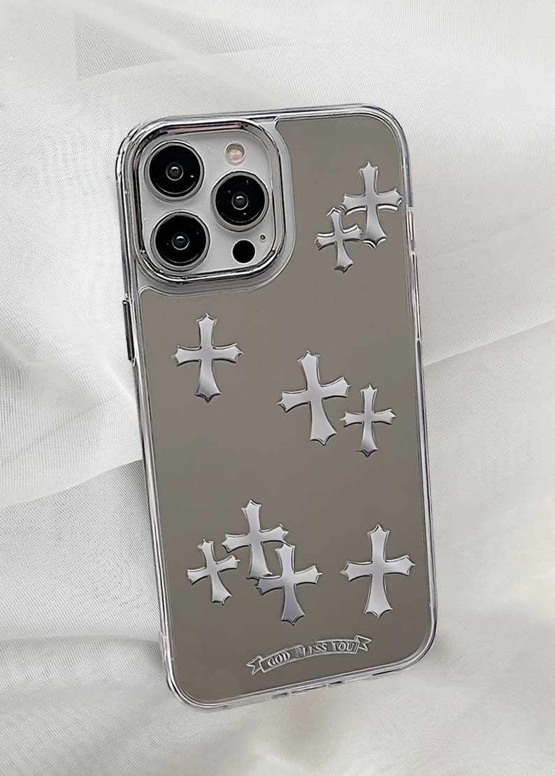 Cross Y2K Étui pour iPhone avec maquillage miroir, ROSE GRIS Chrome inspiré des coeurs gothiques Grunge Tarot, coque de protection gothique pour téléphone Gris