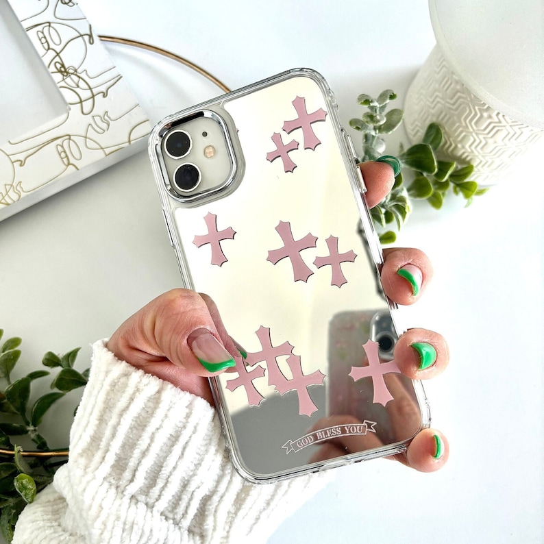 Cross Y2K Étui pour iPhone avec maquillage miroir, ROSE GRIS Chrome inspiré des coeurs gothiques Grunge Tarot, coque de protection gothique pour téléphone image 2