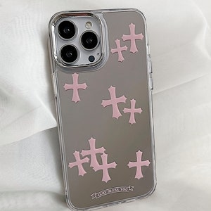 Cross Y2K Étui pour iPhone avec maquillage miroir, ROSE GRIS Chrome inspiré des coeurs gothiques Grunge Tarot, coque de protection gothique pour téléphone Rose