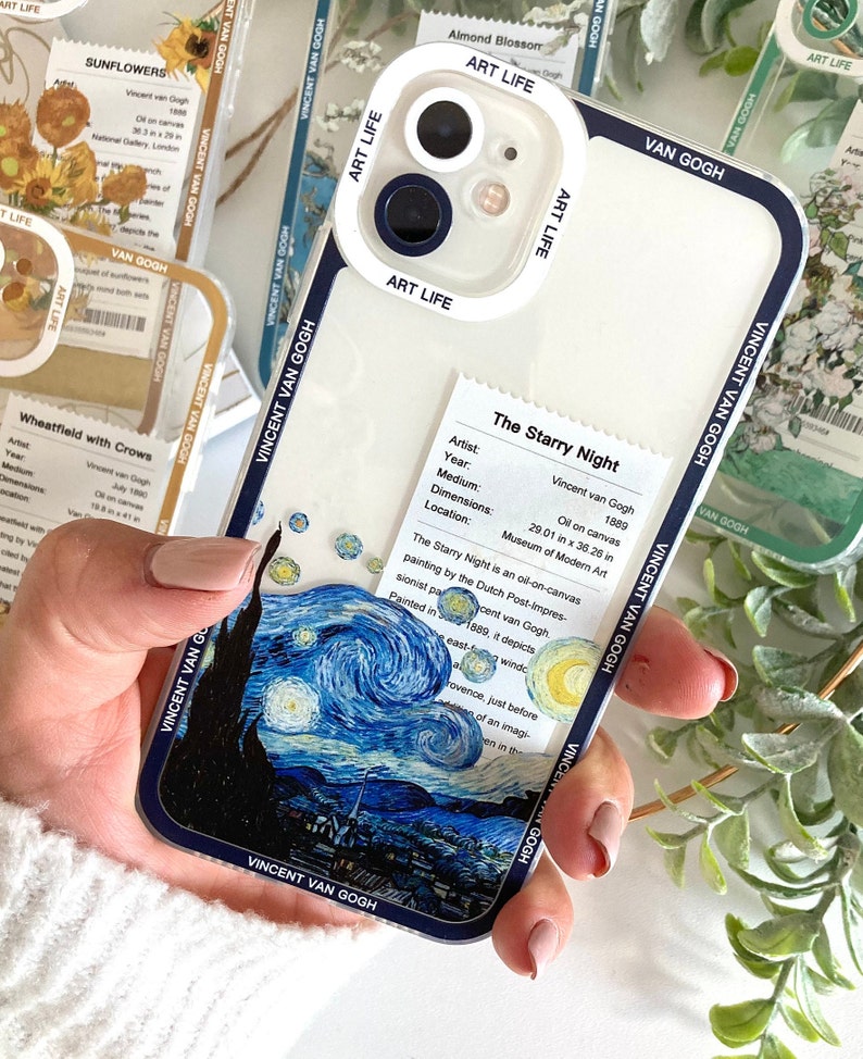 Van Gogh Kunst Vintage Öldruck Ästhetische iPhone Hülle, Blumen Blumen Einzigartige Kunst Handyhülle, Boho Retro Ölgemälde Telefonabdeckung The Starry Night