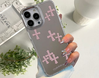 Cross Y2K - Étui pour iPhone avec maquillage miroir, ROSE GRIS Chrome inspiré des coeurs gothiques Grunge Tarot, coque de protection gothique pour téléphone