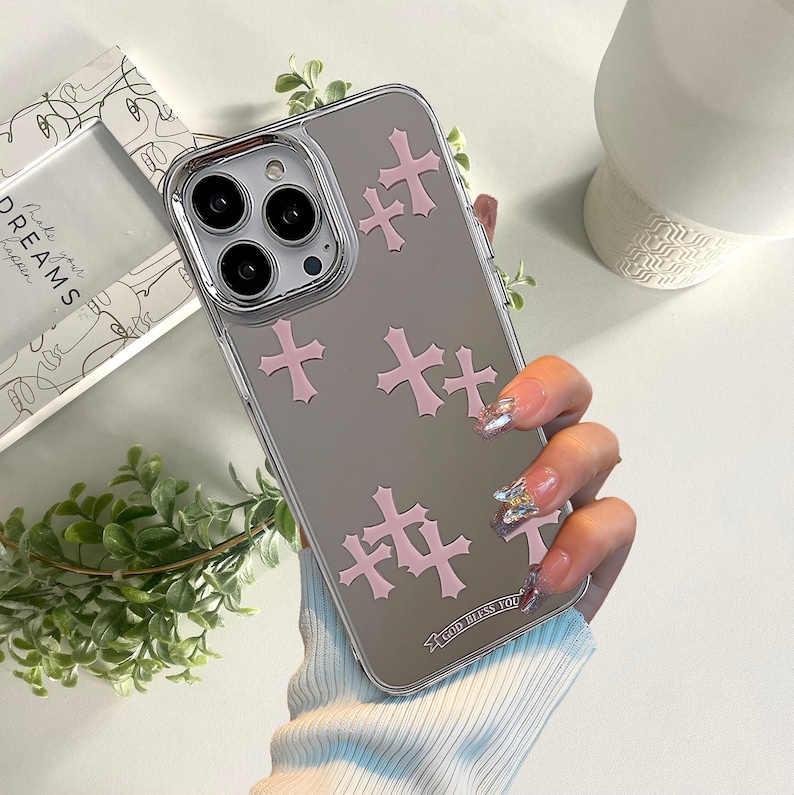 Cross Y2K Étui pour iPhone avec maquillage miroir, ROSE GRIS Chrome inspiré des coeurs gothiques Grunge Tarot, coque de protection gothique pour téléphone image 1