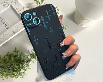 Luxuriöse schwarze Kreuz-Gothic-Chrom-Herzen inspirierte iPhone-Hülle, Grunge Hypebeast Goth-Handyhülle, cooles Y2K-Gothic-Hüllengeschenk
