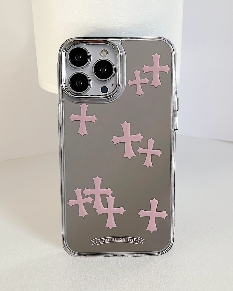 Cross Y2K Étui pour iPhone avec maquillage miroir, ROSE GRIS Chrome inspiré des coeurs gothiques Grunge Tarot, coque de protection gothique pour téléphone image 4