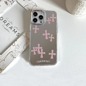 Cross Y2K Étui pour iPhone avec maquillage miroir, ROSE GRIS Chrome inspiré des coeurs gothiques Grunge Tarot, coque de protection gothique pour téléphone image 8