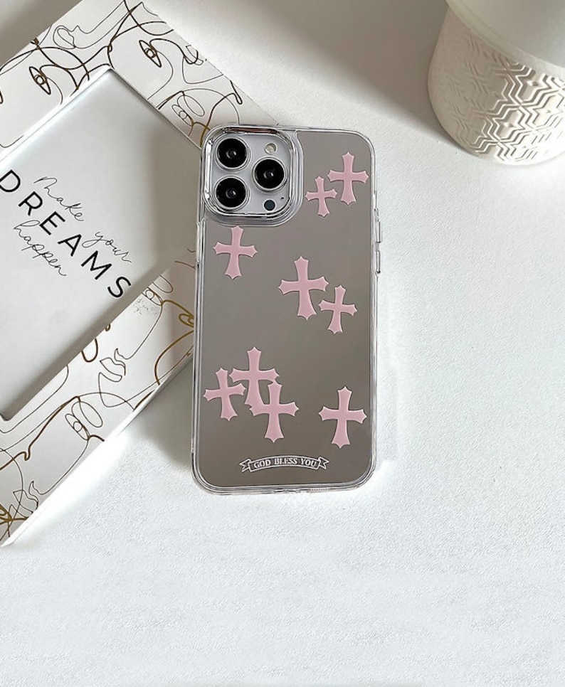 Cross Y2K Étui pour iPhone avec maquillage miroir, ROSE GRIS Chrome inspiré des coeurs gothiques Grunge Tarot, coque de protection gothique pour téléphone image 8