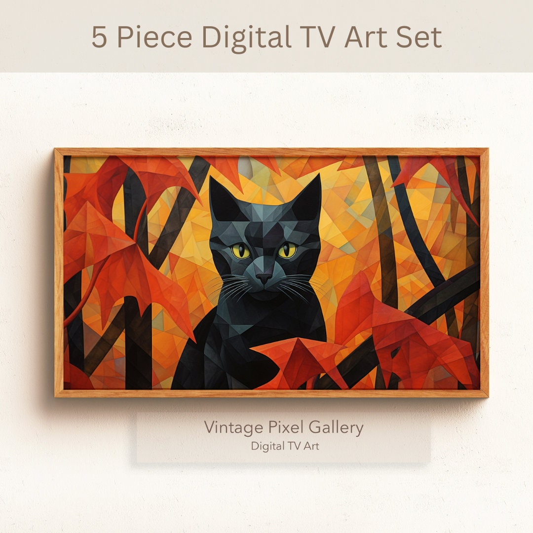 5 Image Set Owl Bat Pumpkin Cat Ghost Digital Prints for Frame TV Autumn digital art set spooky seas