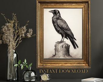 Vintage Sepia Raven Digital Wall Art digital wall decor Raven digital print autumn halloween art print spooky season art decor Black Crow