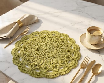 Handmade Crochet Placemat, Olive Green Table Mat, Elegant Boho Table Decor, Lace Doily Placemat, Artisan Home Accent
