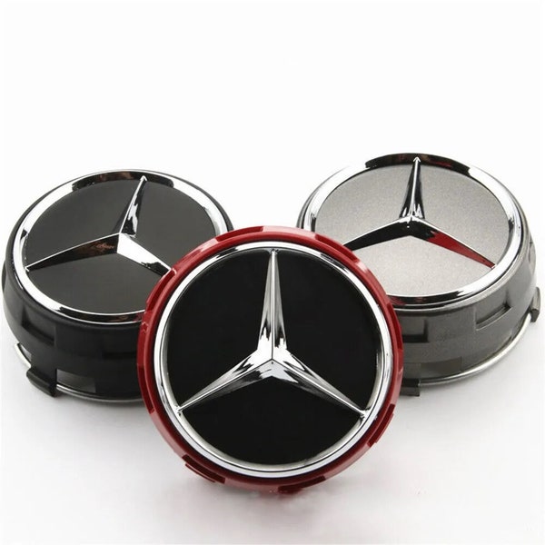 Mercedes-Nabenkappen für Felgen, AMG-Kappen 75 mm, Schwarz, Rot und Grau