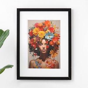 Flower Head Woman Print- Printables- Floral Art- Vibrant- Wall Art- Flowers- Woman With Flower Canvas Art- Bedroom Art- Flower Woman Poster