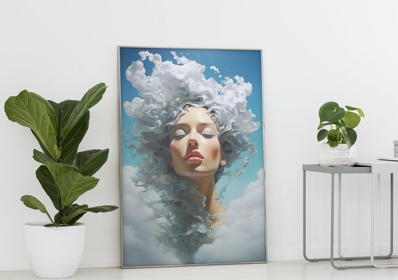 Head in the clouds, wall art, fashion, style, digital print art, digital print, cloud art, woman art, head in clouds, unique art, wall print