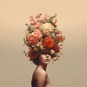 Vintage Flower Head Woman Collage Artwork Head Of Flowers Wall Art Surreal Portrait Of Girl with Bouquet of Vintage Flower Digital Printable
