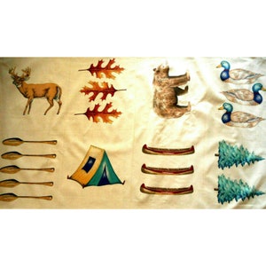 Cotton Fabric Panel Deer Bear Trees Tent Leafs Canoe Wilderness Sqs On Beige Vtg