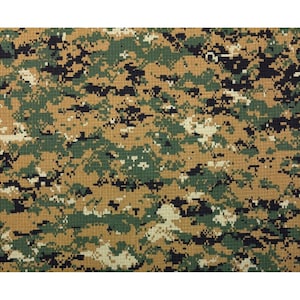 May include: A fabric featuring a digital camouflage pattern composed of small, square pixels in shades of tan, forest green, black, and off-white. The material displays a visible grid-like texture characteristic of a ripstop weave throughout.