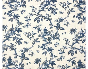 Vintage Jay Yang Asian Temple Indigo Blue Chinoiserie Vine Toile Fabric By Yard 54w