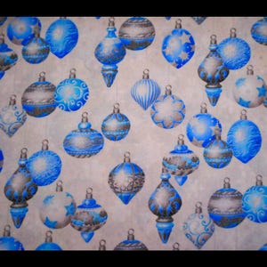 Vintage Robert Kaufman Holiday Flourish Cotton Fabric 1/2 Yard Christmas Ornament Silver White Blue Metallic Seasonal Quilting