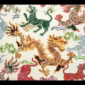 Hamilton Fabrics Himalaya Natural Asian Tiger Dragons Multiuse Cotton Fabric By The Yard 54w