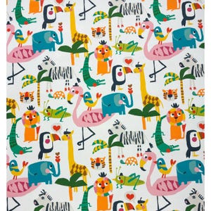 Vilber Selva White Zoo Animals Zebra Lion Flamingo Cotton Fabric By Yard 54w