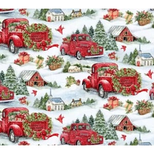 Susan Winget Christmas Fabric - Holiday Wreaths & Red Trucks Cotton Pre-cut Fat Quarter 18 X 21 Quilting Craft Material
