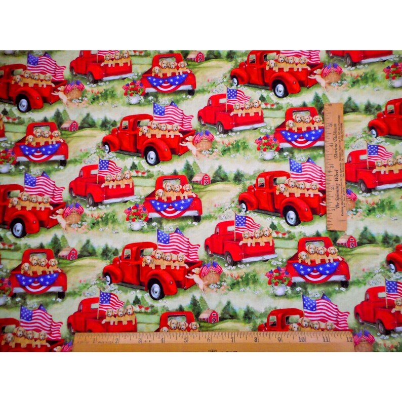 Susan Winget Fabric by Half-yard Patriotic Puppy Dogs Red Truck Flags ...