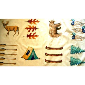 Vintage Cotton Fabric Panel Wilderness Deer Bears Trees Canoe Leaves Quilt Craft 25x44