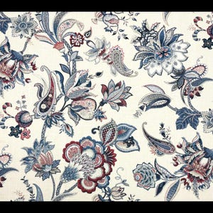 P Kaufmann Garden Flora-denimstof - Jacobijnse bloemen linnen rayonmix, blauw, 54 W, vlekbestendig, stoffering en woondecoratie
