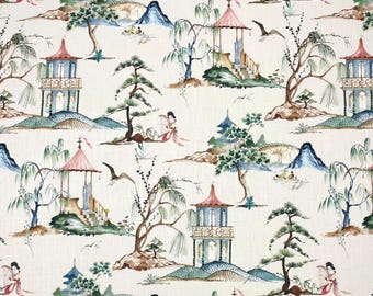 Vintage Hamilton Fabrics Okayama Flax Chinoiserie Asian Toile Multiuse Fabric By The Yard 54w