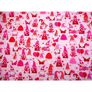 Vintage Brother & Sister Design Studio Cotton Fabric Quilting Gnomes Hearts Love Pink Red White 45 Half-yard Cut