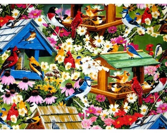 Vintage Bird Fabric - Cotton Pre-cut Fat Quarter 18x21 - Bird Houses, Cardinals, Bluebirds, Finches Quilt Craft Face Mask Material Women