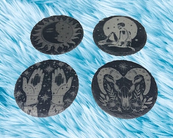 Mystical Slate Coasters | Boho Spiritual,  4" Natural Engraved Stone, Witchy Furniture Protector 4 Pack Set - Free Stickers & Stones/Crystal