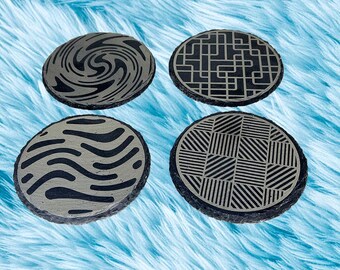 Engraved Geometric Slate Coaster Set of 4 | Natural Stone Drink Coasters – Housewarming Gift + Free Gemstones & Stickers