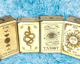 Custom Engraved Tarot Card Box | Handcrafted Wooden Storage Holder for Tarot Decks | Spiritual Gift – Free Gemstones & Stickers